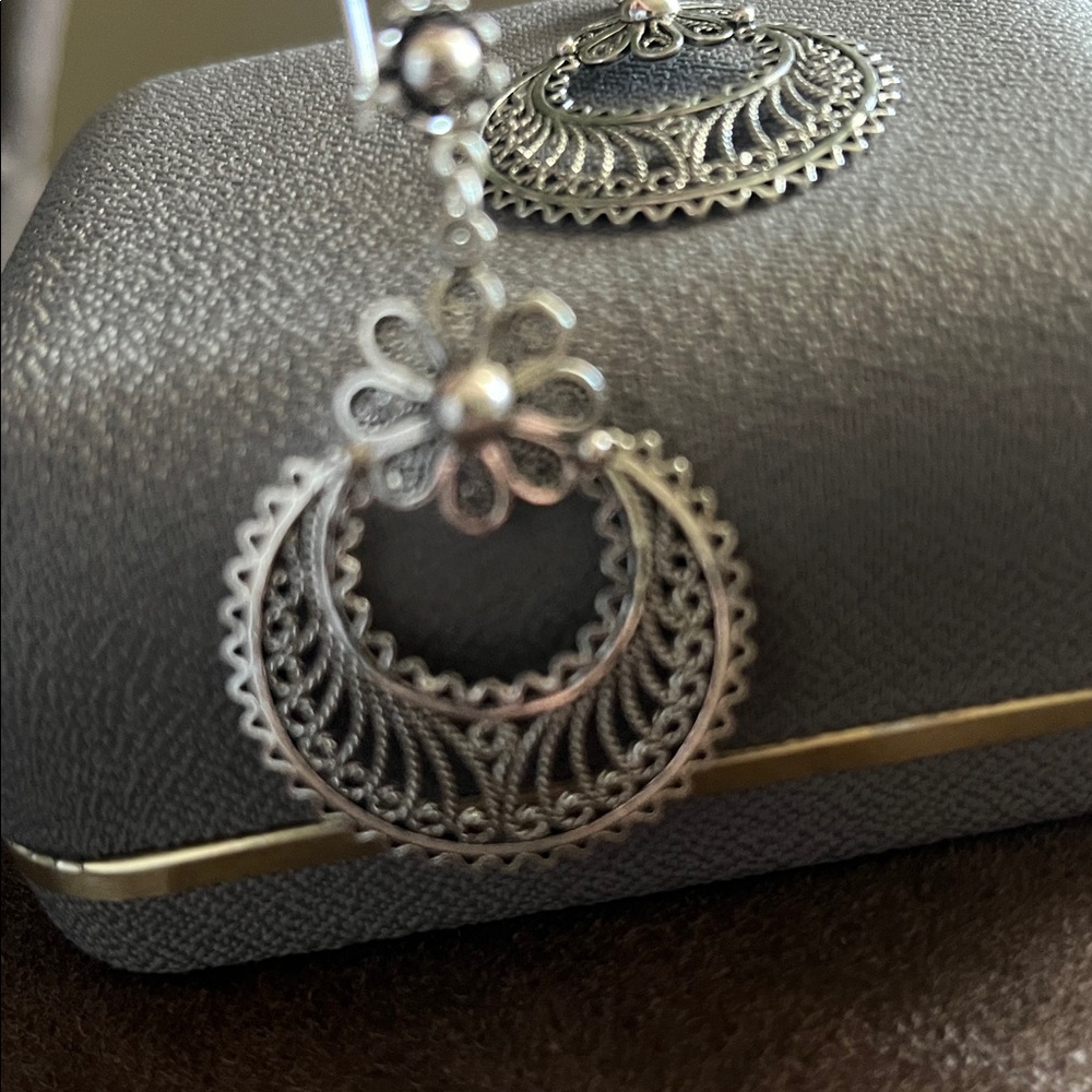 Sterling Silver Turkey Signed Filigree Crescent Moon Floral Dangle Earrings - Picture 6 of 11